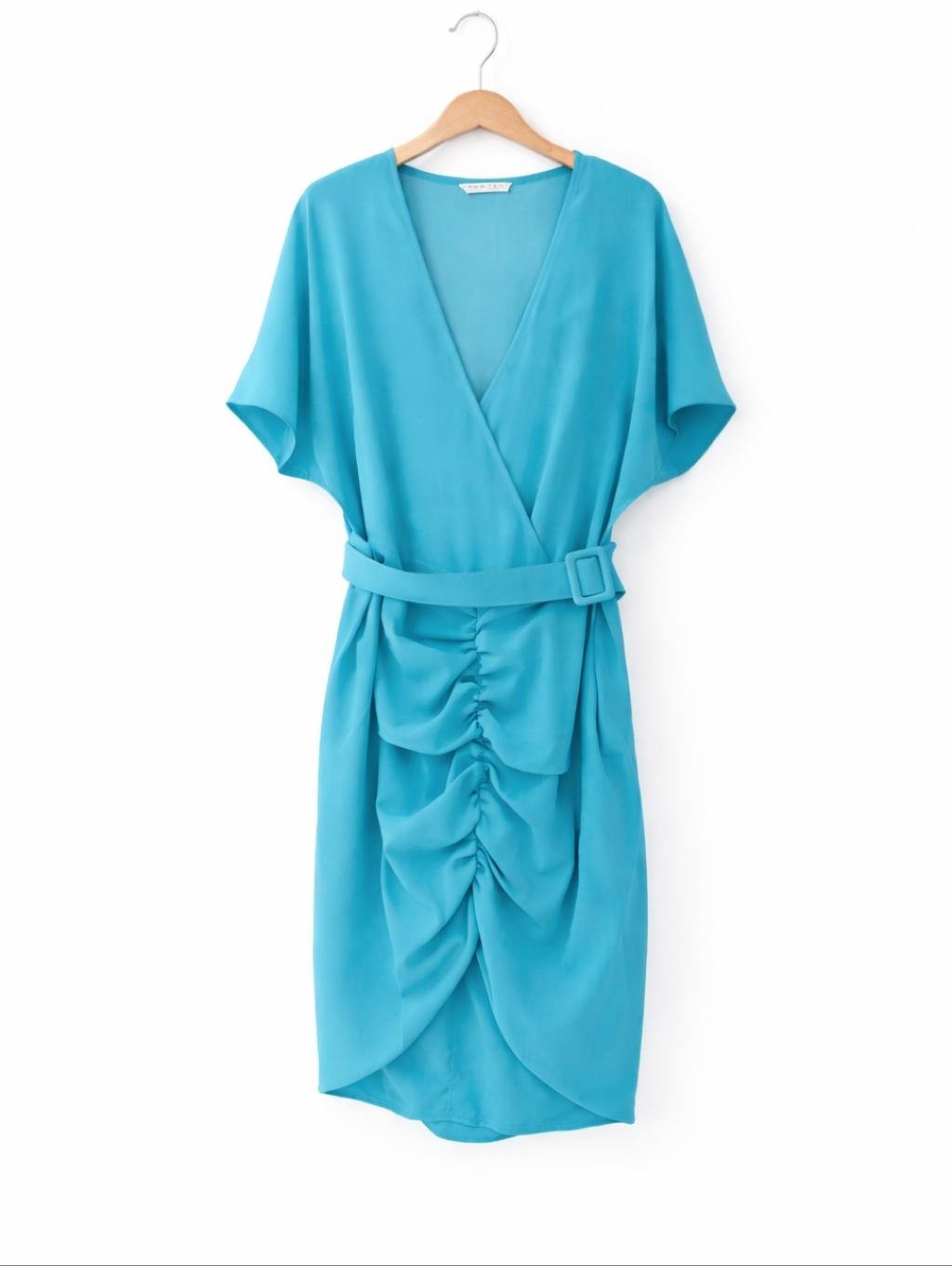 Trina Turk Turquoise Blue Ruched Faux Wrap Dress Size 10 Nwt Msrp $298